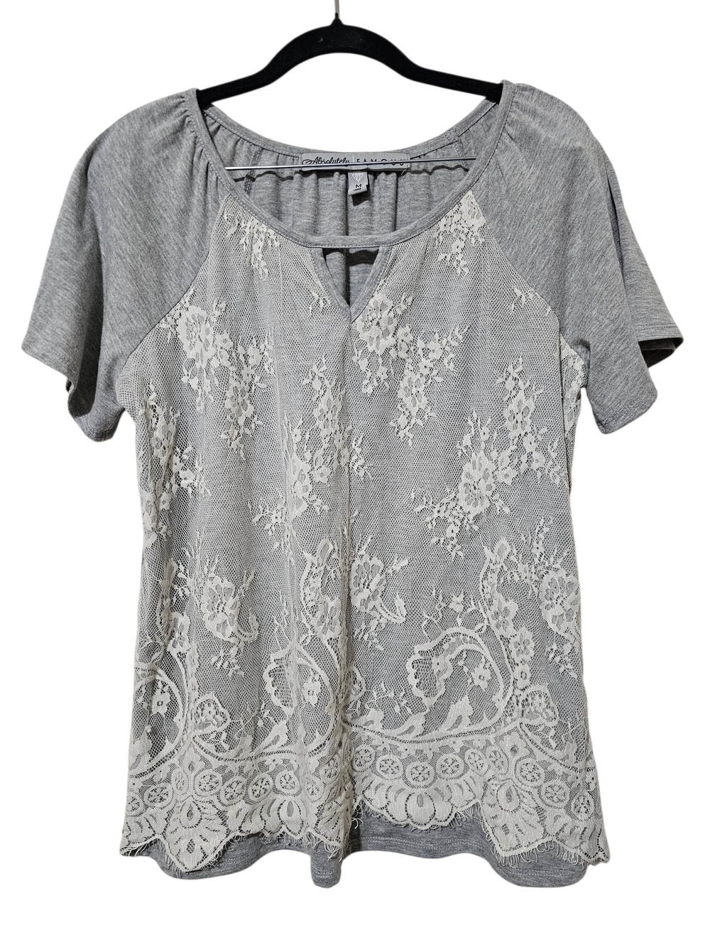 Absolutely Famous Gray Short Sleeve Lace-Front Tee